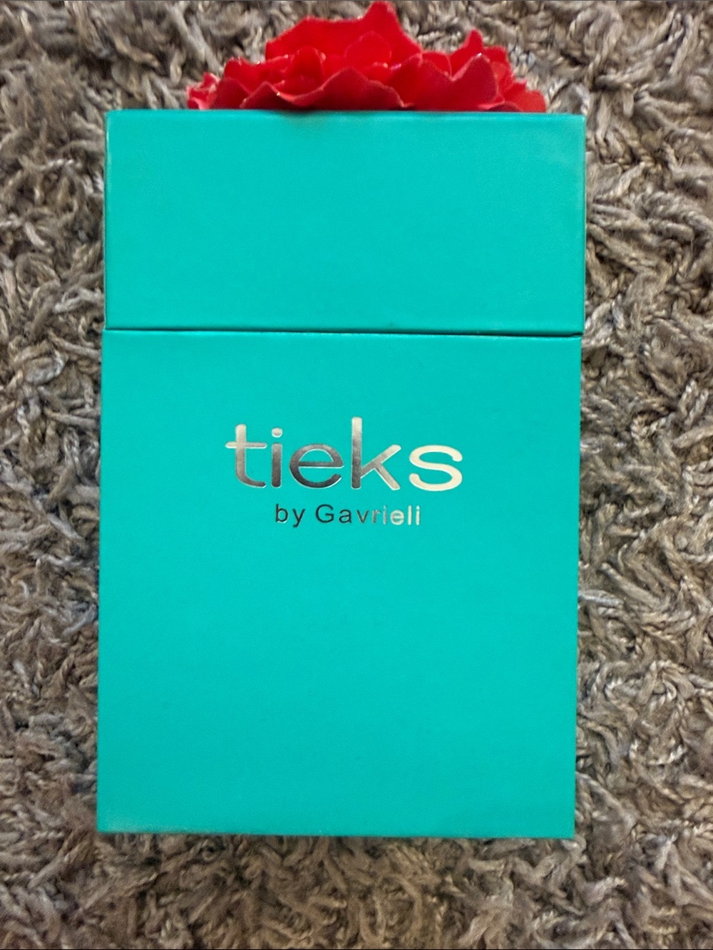 Tieks Turquoise Box with Red Fabric Flower Brooch Jeweled Center Topper
